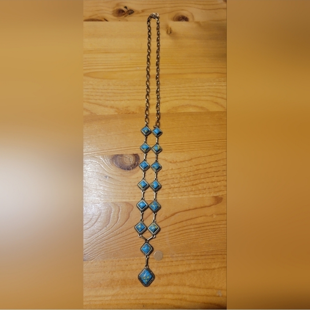 NEW Western faux turqoise‎ stone necklace gold long necklace